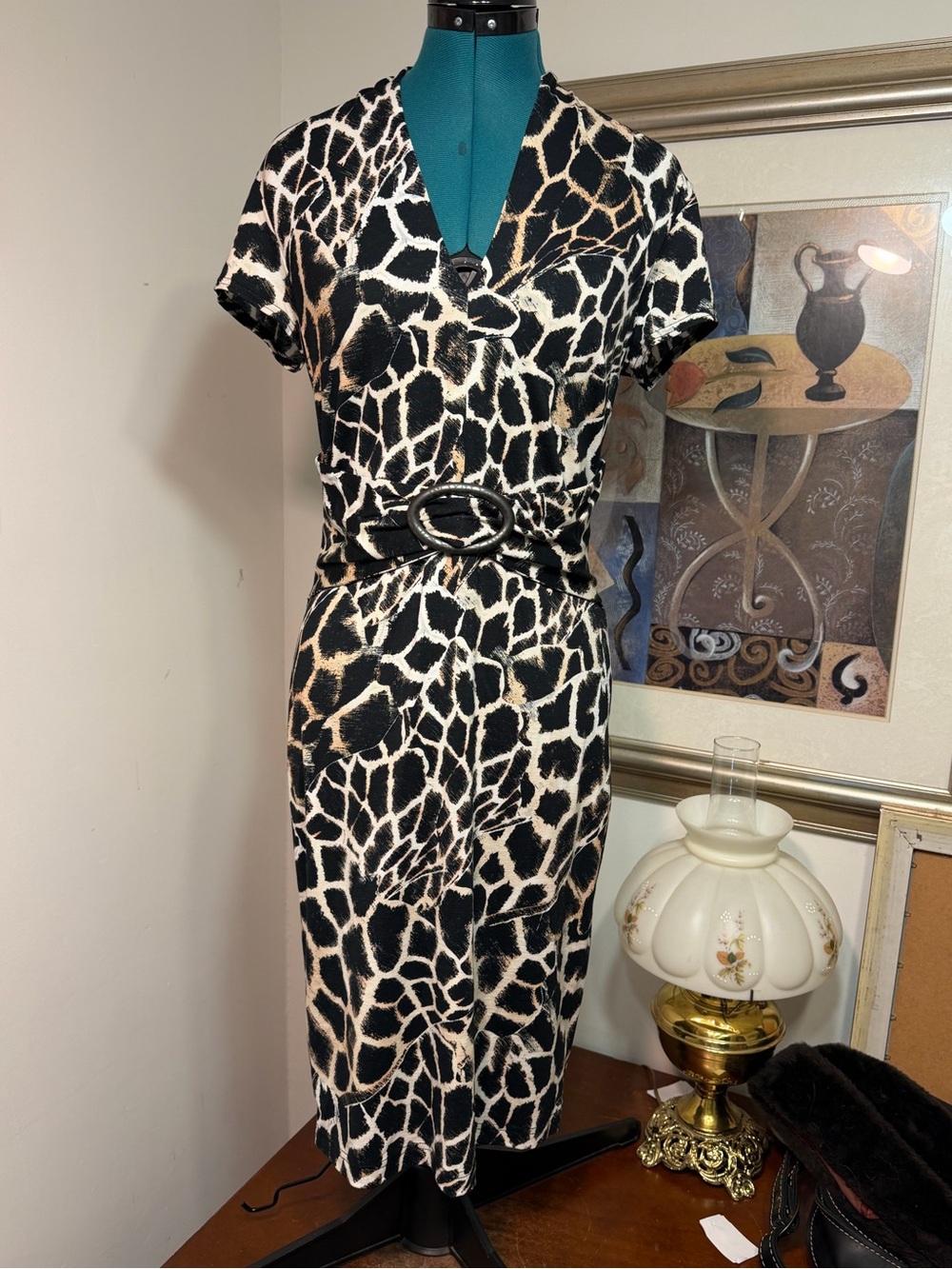 JOSEPH RIBKOFF DRESS BLACK BEIGE GIRAFFE PRINT DRESS SIZE 8